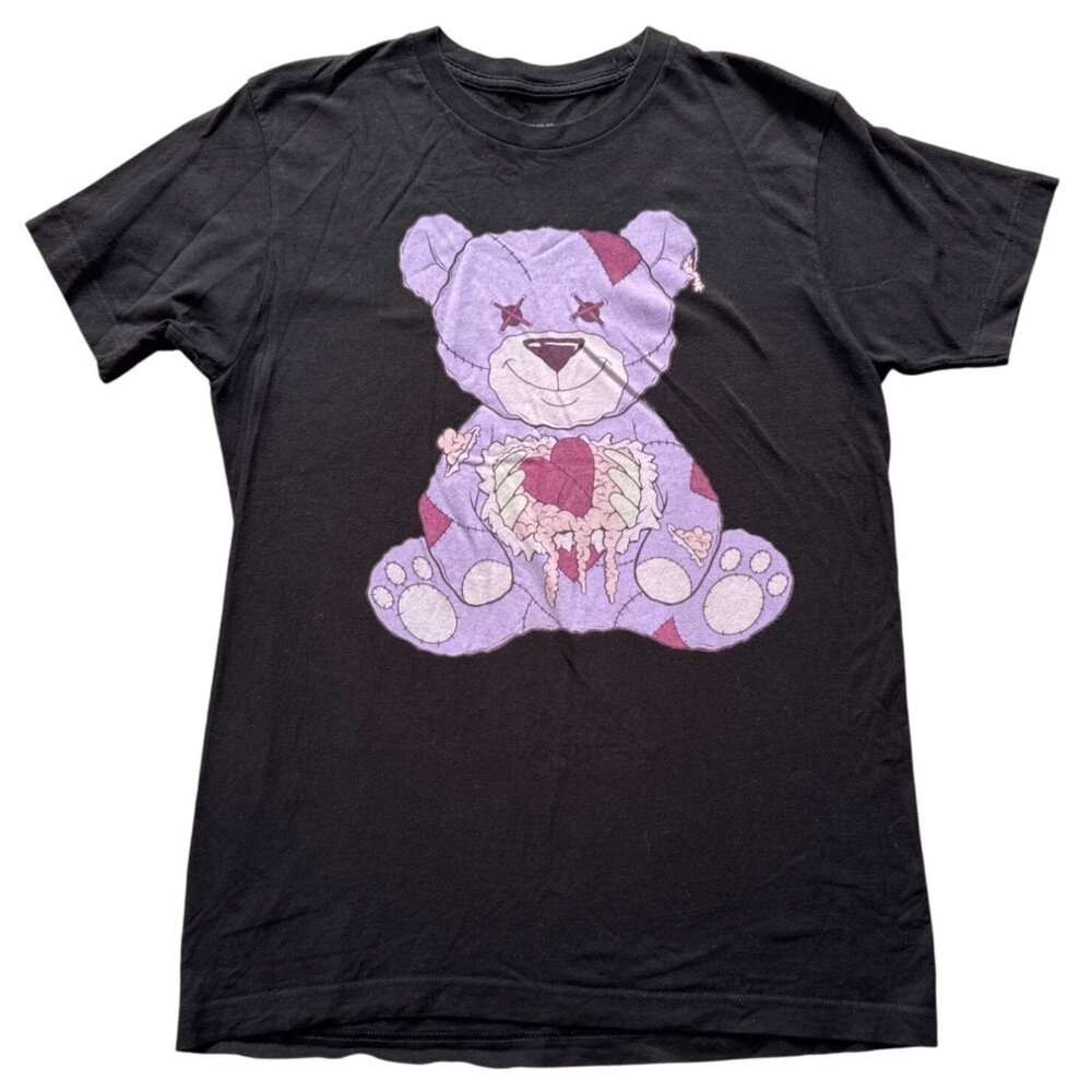 Black T-Shirt With Purple Patchwork Teddy Bear Graphic By Hot Topic 100% Cotton